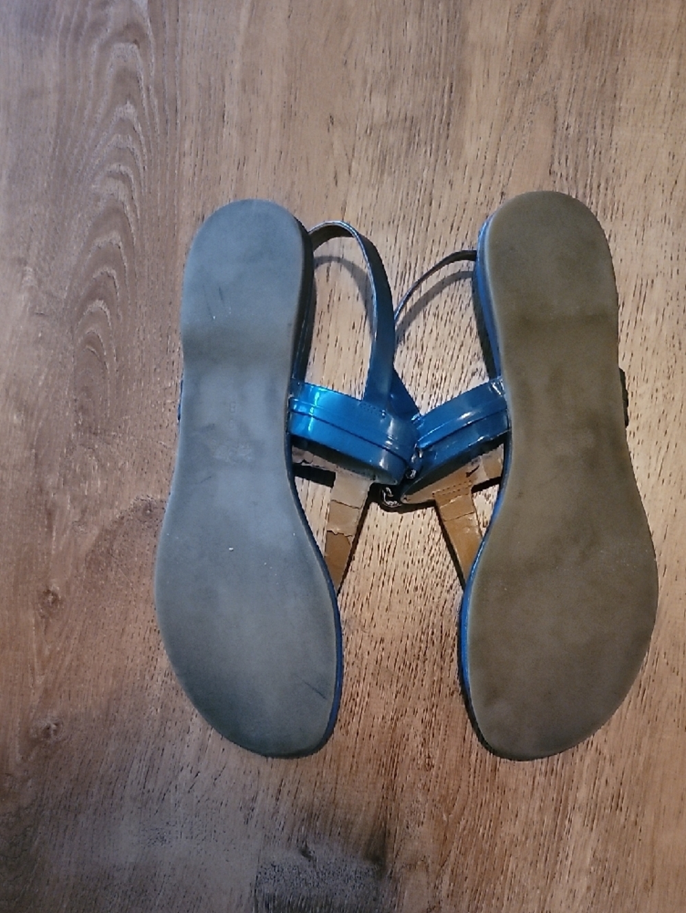 Coach Blue Patent Gold LogoT-Strap Logo Sandals - Picture 2 of 4